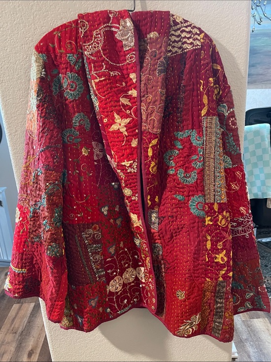 Kantha Other - Red Patchwork Kantha Quilted Jacket with Embroidery XL-1X Kantha Jacket